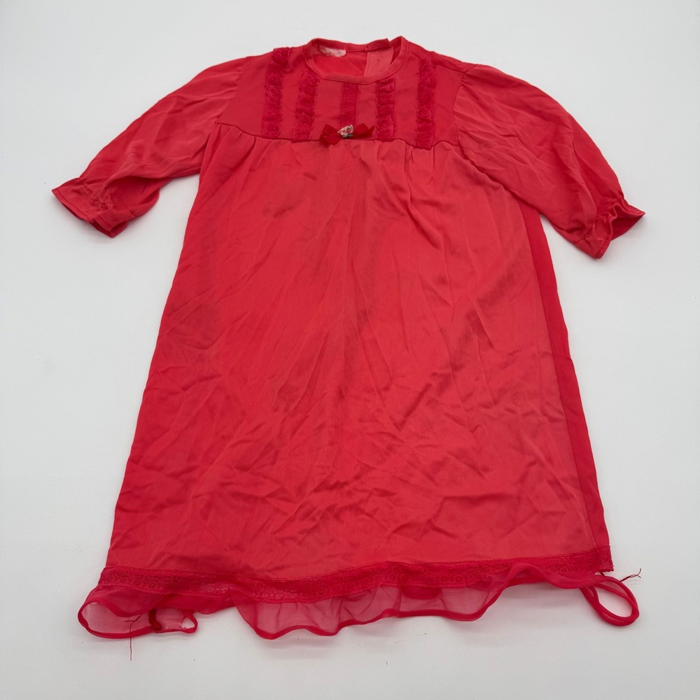 Girls Red Lace Trim Gown Bow Long Sleeve Approx US 3T Damaged Hem